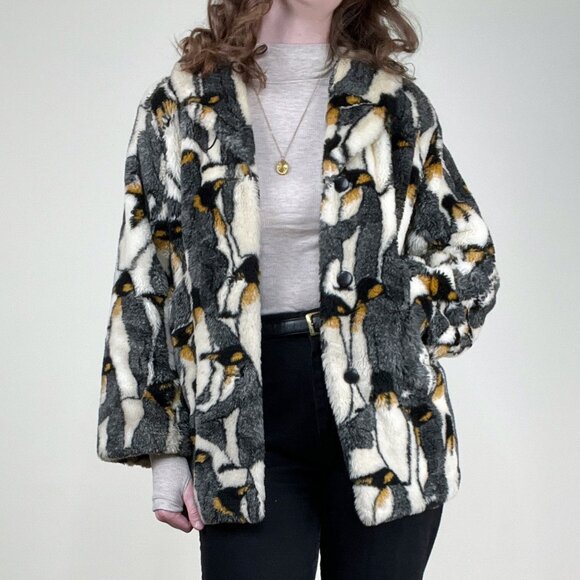 Vintage Novelty Print Penguin Pea Coat Faux Fur Teddy Jacket Oversized Peacoat - Picture 11 of 11